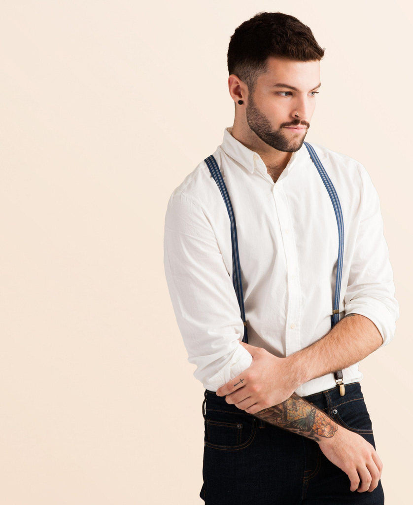 Scholar - Navy Blue Pin Striped Suspenders - JJ Suspenders